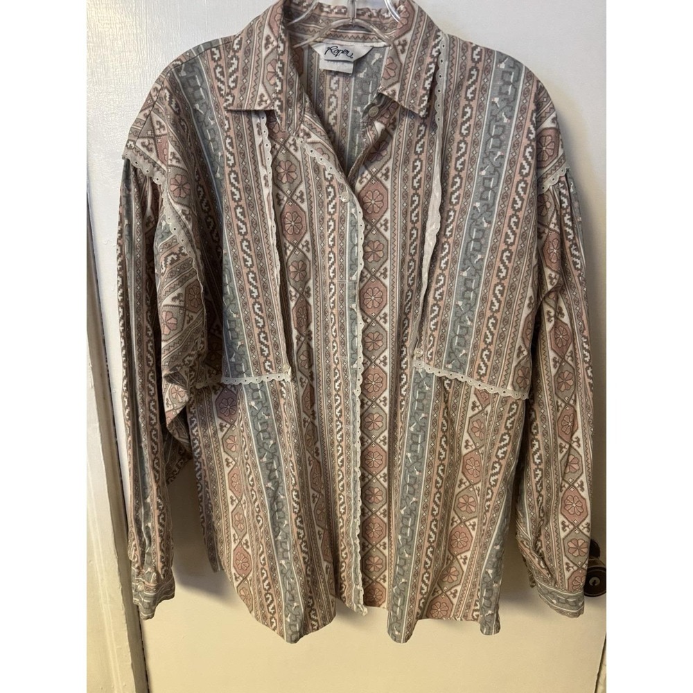 Vintage 90s Roper Western Blouse Made USA Southwestern Aztec Print Lace Trim Med